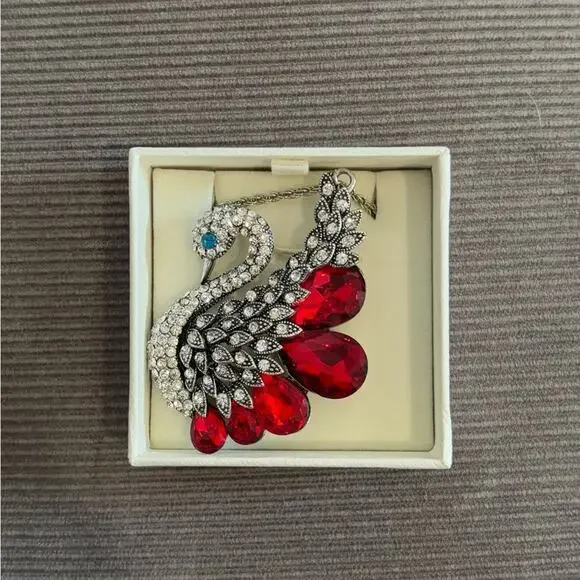 Silver Swan Pendant Necklace with Red Crystal Accents - Picture 2 of 8